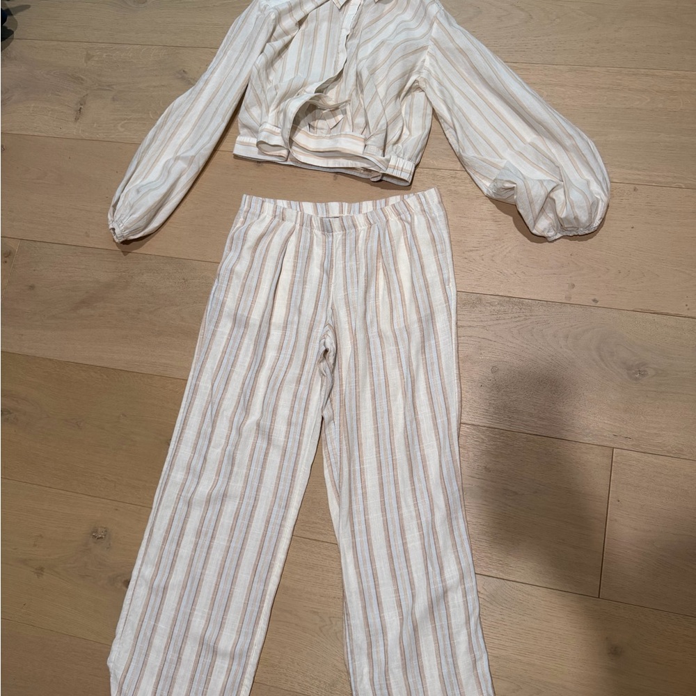 H&M Cream & Tan Striped Wide Leg Pants